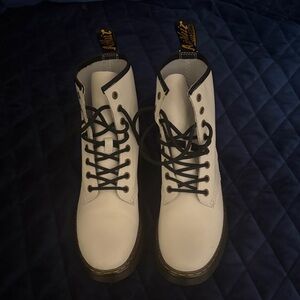 White Lace-Up Boots with Black and Yellow Accents